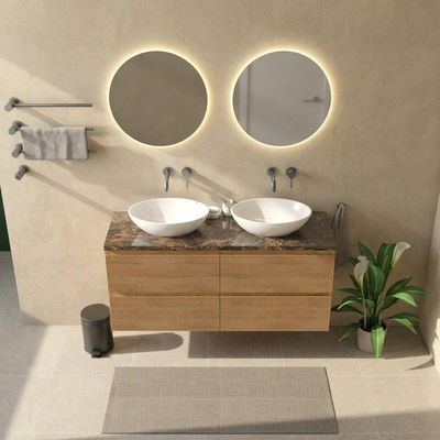 Saniclass Holz Atelier Ensemble meuble de salle de bains - 140x45x63cm - Plan de travail en pierre naturelle Noche dark emperador - sans trou de robinet - 4 tiroirs - chêne natural mat (bois)