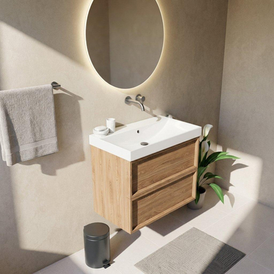 Saniclass Holz Frame Ensemble meuble de salle de bains - 80x45x67.5cm - lavabo Wave en céramique - 1 vasque - sans trou de robinetterie - 2 tiroirs - chêne natural mat (bois)