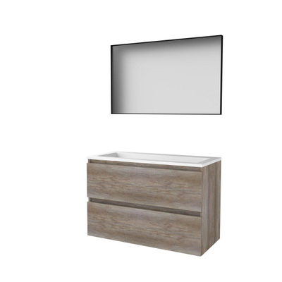 Basic-Line Framed 46 badkamermeubelset - 100x46cm - greeploos - 2 lades - acryl wastafel - 0 kraangaten - Spiegel - mat zwart aluminium frame - rondom - MFC Scotch Oak