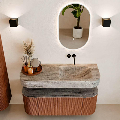 MONDIAZ THOR-DLUX 120cm meuble de salle de bains arrondi gauche + droite couleur Ruby avec 1 tiroir et 2 portes. Vasque suspendue CLOUD Droite sans trou de robinet couleur Oza.