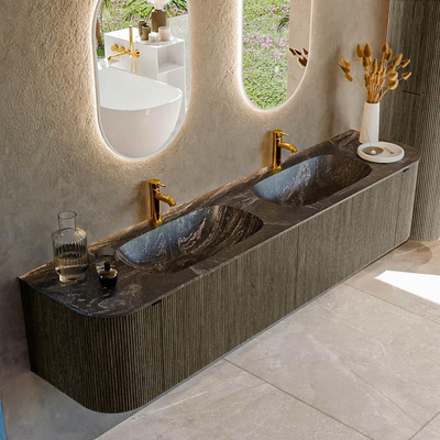 Mondiaz KURVE-DLUX Badkamermeubelset - 200x46x40cm - 2 lade - 2 deuren - wastafel solid surface - dubbel - 2 kraangaten - Shadow