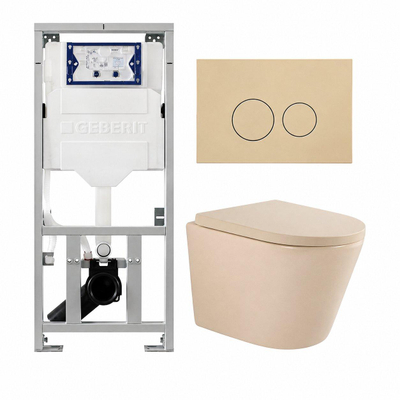 QeramiQ Dely Toiletset - 36.3x51.7cm - diepspoel - rimless - Geberit UP320 inbouwreservoir - softclose toilet zitting - 35mm - bedieningsplaat beige - ronde knoppen - mat beige