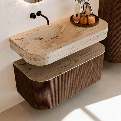 MONDIAZ THOR-DLUX 100cm badmeubel ronding links + rechts kleur Walnut met 1 lade en 2 deuren. Vrijhangende wastafel CLOUD Links zonder kraangat kleur Arena.