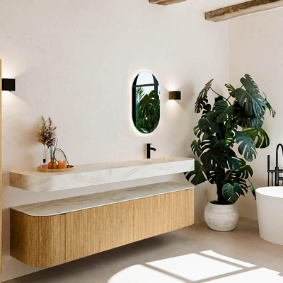 MONDIAZ THOR-DLUX Meuble de salle de bains - 200cm - arrondi gauche + droite - couleur Oak - 2 tiroirs et 2 portes - Vasque suspendue CLOUD Droite 1 trou de robinet couleur Ostra