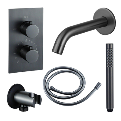 FugaFlow Eccelente Ensemble robinet de baignoire Acces - bec - 22cm raccourcissable - flexible lisse - douchette à main - corps encastré - support mural - PVD gunmetal brossé