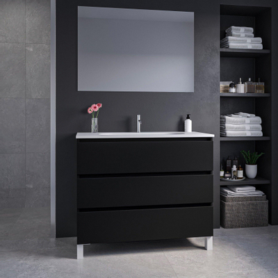 Saniclass Chaci PLUS Meuble de salle de bain - 100x86x46cm - lavabo en céramique blanc - 1 vasque ovale - 1 trou de robinet - 3 tiroirs - miroir rectangulaire - noir mat