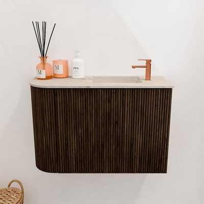 Mondiaz JOYA-DLUX 61.6cm toiletmeubel - ronding links kleur Walnut - Wastafel FAYE positie Rechts 1 kraangat kleur Frappe.