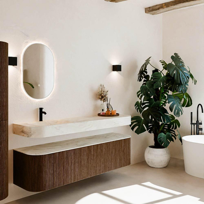 MONDIAZ THOR-DLUX 170cm meuble de salle de bains arrondi gauche + droite couleur Walnut avec 1 tiroir et 2 portes. Vasque suspendue CLOUD Gauche 1 trou de robinet couleur Ostra.