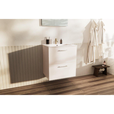 Nemo Go Ensemble de meuble - 60x65x45.5cm - 2 tiroirs - avec poignée - 1 vasque Blanc mat - 1 trous de robinet - avec miroir - MDF standard white