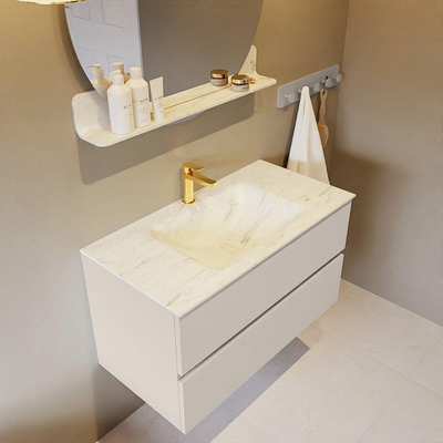 Mondiaz VICA-DLUX ensemble de meuble de salle de bain - 90cm - meuble sous-vasque lin - 2 tiroirs - lavabo encastrée nuage milieu - 1 trou de robinet - version haute de 60cm - opalo