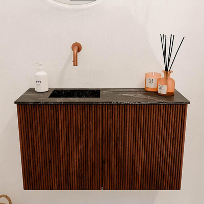 Mondiaz JOYA-DLUX 70cm toiletmeubel - kleur Ruby - Wastafel FAYE positie Links Zonder kraangat kleur Lava.