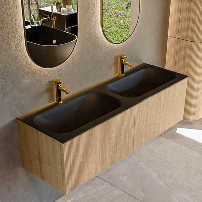 MONDIAZ KURVE 140cm Meuble salle de bain - couleur Oak - 2 tiroirs - vasque BIG SMALL double - 2 trous de robinet - Urban