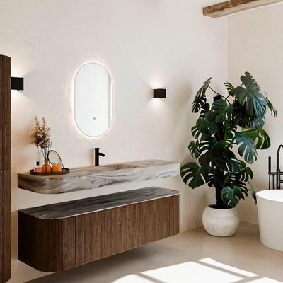 MONDIAZ THOR-DLUX 160cm meuble de salle de bains arrondi gauche + droite couleur Walnut avec 1 tiroir et 2 portes. Vasque suspendue CLOUD Milieu 1 trou de robinet couleur Sombra.