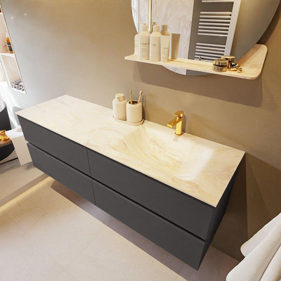 Mondiaz VICA-DLUX ensemble de meuble de salle de bain - 150cm - meuble sous-vasque gris foncé - 4 tiroirs - lavabo encastré cloud droite - 1 trou de robinet - version haute de 60cm - ostra