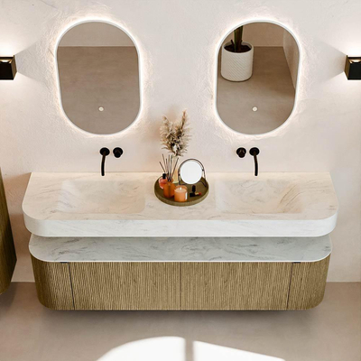 MONDIAZ THOR-DLUX Meuble de salle de bains - 180cm - arrondi gauche + droite - couleur Dusk - 2 tiroirs - 2 portes - Vasque suspendue CLOUD Double sans trou de robinet - couleur Opalo