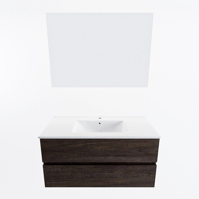 Mondiaz VICA ensemble de meuble de salle de bain - 100cm - meuble sous-vasque marron foncé - 2 tiroirs - lavabo denia milieu - 1 trou de robinet - couleur Blanc Brillant - miroir LED - version XL 60cm de haut