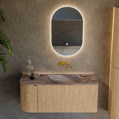 MONDIAZ KURVE-DLUX 105cm badmeubel ronding Links kleur Oak met 1 lade en 1 deur. Wastafel BIG SMALL Rechts zonder kraangat Sombra.