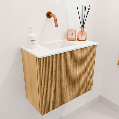 Mondiaz JOYA 50cm toiletmeubel - kleur Oak - Wastafel FAYE positie Links Zonder kraangat kleur Talc.