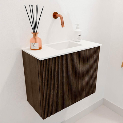 Mondiaz JOYA 50cm toiletmeubel - kleur Walnut - Wastafel FAYE positie Rechts Zonder kraangat kleur Talc.