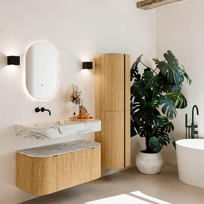 MONDIAZ THOR-DLUX 100cm badmeubel ronding links + rechts kleur Oak met 1 lade en 2 deuren. Vrijhangende wastafel CLOUD Links zonder kraangat kleur Glace.