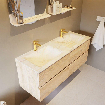 Mondiaz VICA-DLUX ensemble de meuble de salle de bain - 130cm - meuble sous-vasque chêne blanchi - 4 tiroirs - lavabo encastré cloud double - 2 trous de robinet - miroir modèle spot - version XL 60cm de haut - ostra