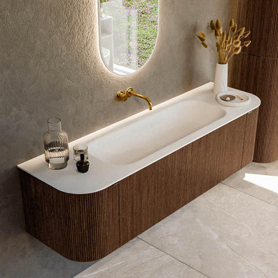 MONDIAZ KURVE 160cm badmeubel met module 25 Len R kleur Walnut met 1 lade en 2 deuren. Wastafel BIG MEDIUM midden zonder kraangat Talc.