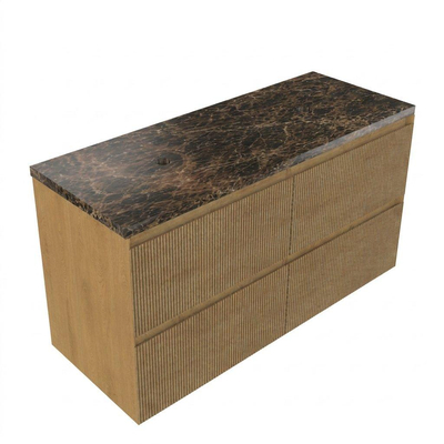Saniclass Holz Atelier Ensemble de meuble de salle de bains - 120x45x63cm - Plan de travail en pierre naturelle Noche dark emperador - sans trou de robinet - 2 tiroirs - chêne natural mat (bois)