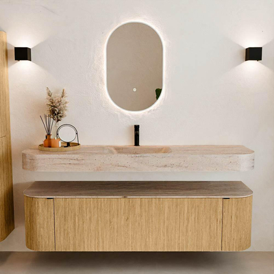 MONDIAZ THOR-DLUX 170cm badmeubel ronding links + rechts kleur Oak met 1 lade en 2 deuren. Vrijhangende wastafel CLOUD Midden 1 kraangat kleur Saba.