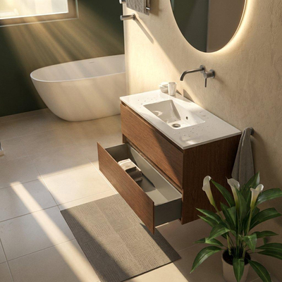 Saniclass Holz Pure Ensemble meuble de salle de bains - 100x45x62cm - lavabo Vygo en céramique blanc - 1 vasque - sans trou de robinet - 2 tiroirs - noyer pure mat (bois)