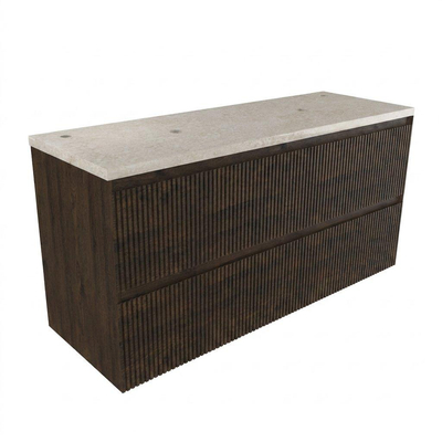 Saniclass Holz Atelier Ensemble de meubles de salle de bains - 140x45x63cm - Plan de travail en pierre naturelle travertin - 2 trous de robinetterie - 4 tiroirs - chêne charcoal mat (bois)