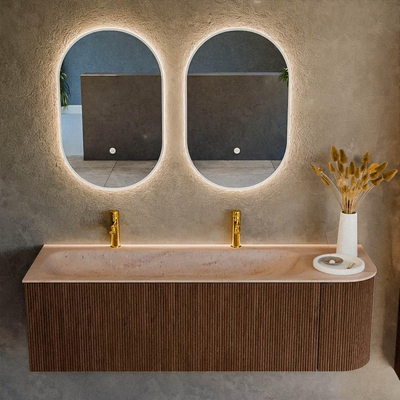 MONDIAZ KURVE-DLUX Meuble de salle de bains 145 cm arrondi à droite couleur Walnut avec 1 tiroir et 1 porte. Lavabo BIG LARGE à gauche 2 trous de robinet Saba.