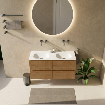 Saniclass Holz Atelier Ensemble de meubles de salle de bains - 120x45x61.5cm - lavabo Flow en solid surface blanc - 2 vasques - sans trous de robinetterie - 2 tiroirs - chêne natural mat (bois)