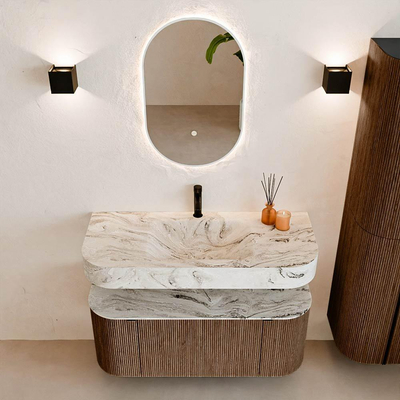 MONDIAZ THOR-DLUX 110cm badmeubel ronding links + rechts kleur Walnut met 1 lade en 2 deuren. Vrijhangende wastafel CLOUD Midden 1 kraangat kleur Glace.