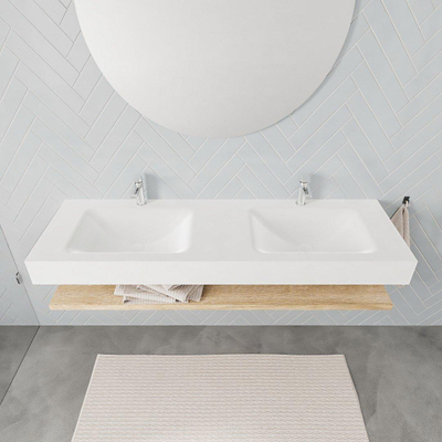 MONDIAZ ALAN 150cm - Ensemble meuble de salle de bains - tablette - chêne blanchi - lavabo suspendu - 2 vasques - 2 trous de robinet - talc