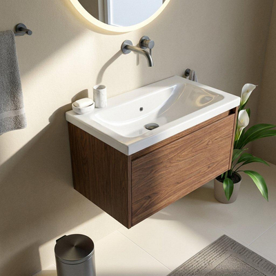 Saniclass Holz Frame Ensemble de meubles de salle de bains - 80x45x43.5cm - lavabo en céramique Bari blanc - 1 vasque - sans trou de robinet - 1 tiroir - walnut pure mat (bois)