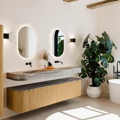 MONDIAZ THOR-DLUX Meuble de salle de bains 190cm arrondi gauche + droite couleur Oak avec 2 tiroirs et 2 portes. Vasque suspendue CLOUD Double sans trou de robinet couleur Sombra.