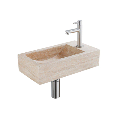 FugaFlow Efficiente Ensemble Fontaine Pierre - 40x22x10 cm - trou du robinet à droite - robinet de fontaine en acier inoxydable brossé PVD - bouchon de vidange - siphon abaissé - pierre naturelle mouchetée