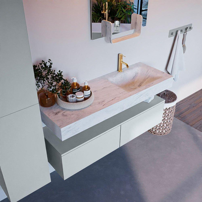 Mondiaz ALAN-DLUX Ensemble de meuble - 130cm - meuble Clay mat - 2 tiroirs - Lavabo Cloud Opalo suspendu - vasque Droite - 1 trou de robinet