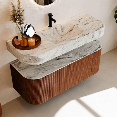 MONDIAZ THOR-DLUX Meuble de salle de bains - 120cm - arrondi gauche + droite - couleur Ruby - 1 tiroir - 2 portes - Vasque suspendue CLOUD Milieu 1 trou de robinet - couleur Glace