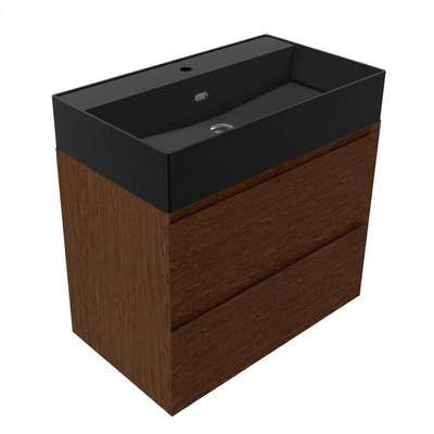 Saniclass Holz Pure Badkamermeubelset - 80x45x72cm - Legend keramische wastafel mat zwart - 1 wasbak - 1 kraangat - 2 lades - mat walnut pure (hout)