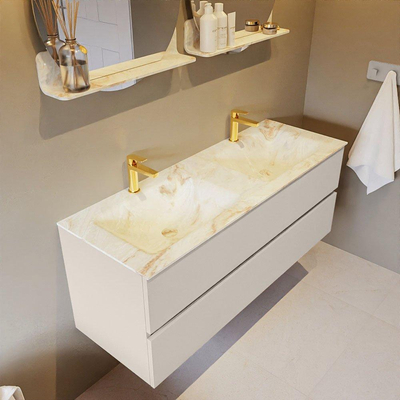 MONDIAZ VICA-DLUX Ensemble meuble de salle de bains - 130cm - meuble bas linen - 2 tiroirs - lavabo encastré cloud double - 2 trous de robinet - version haute 60cm - frape