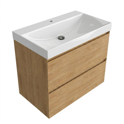 Saniclass Holz Pure Ensemble meuble de salle de bains - 80x45x67.5cm - lavabo Wave en céramique - 1 vasque - 1 trou de robinetterie - 2 tiroirs - chêne naturel mat (bois)