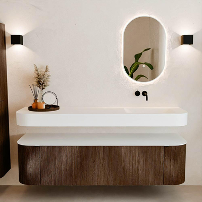 MONDIAZ THOR 170cm meuble de salle de bains arrondi gauche + droite couleur Walnut avec 1 tiroir et 2 portes. Vasque suspendue CLOUD Droite sans trou de robinet couleur Talc.