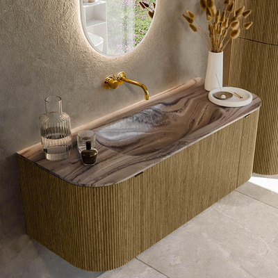MONDIAZ KURVE-DLUX Meuble de salle de bains 120cm arrondi Gauche + Droite couleur Dusk avec 1 tiroir et 2 portes. Lavabo BIG SMALL Milieu sans trou de robinet Sombra.