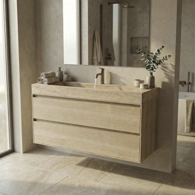 Forzalaqua Ibiza Ensemble meuble de salle de bains - 100x50x70cm - 2 tiroirs - lavabo en travertin - 1 trou de robinet - jeu de supports - bouchen de vidage - Smoke