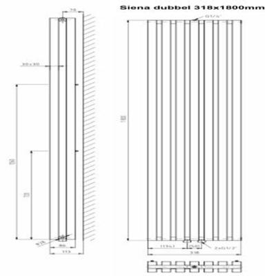 Plieger Siena designradiator verticaal dubbel 1800x318mm 1096W wit
