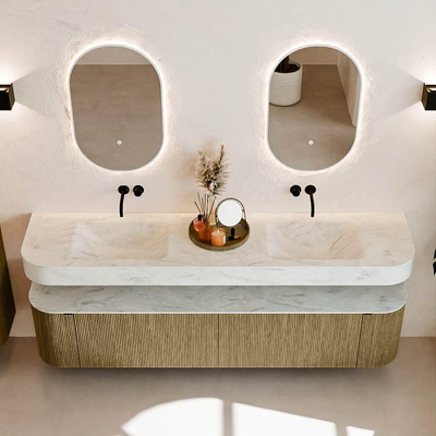 MONDIAZ THOR-DLUX Meuble de salle de bains - 200cm - arrondi gauche + droite - couleur Dusk - 2 tiroirs et 2 portes - Vasque suspendue CLOUD Double sans trou de robinet - couleur Opalo