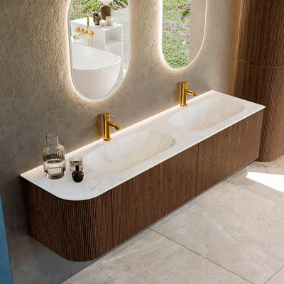 MONDIAZ KURVE-DLUX 175cm badmeubel met module 25 L kleur Walnut met 2 lades en 1 deur. Wastafel STOR SMALL dubbel / rechts 2 kraangaten kleur Opalo.