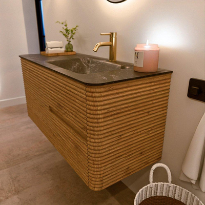 Mondiaz CIRO-DLUX Badkamermeubelset - 110x45x50cm - Solid surface wastafel Lava - 1 wasbak Rechts - 1 kraangat - 2 lades - Oak