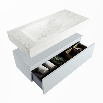 Mondiaz ALAN-DLUX Ensemble de meuble - 100cm - meuble Clay mat - 1 tiroir - Lavabo Cloud Opalo suspendu - vasque Gauche - 1 trou de robinet